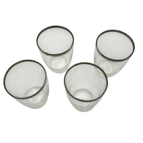 Set Of 4 Vintage MCM Clear Glass Tumblers With Silver Rim 3" Wide - Picture 3 of 6